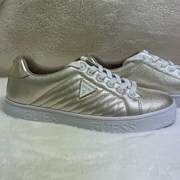 Casual/Formal? Women's Guess Brand Gold Sneaker White Laces Quilted Size 11M - Picture 1 of 14